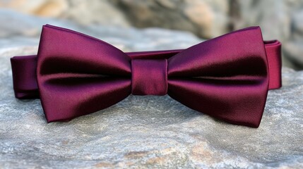 A formal bow tie and matching pocket square in a deep burgundy hue, resting on a smooth surface