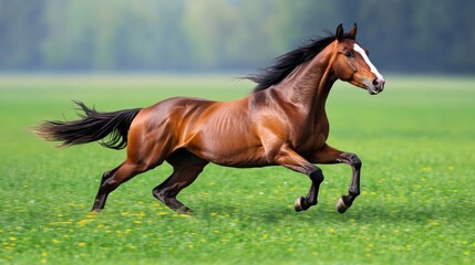 Obraz premium A galloping wild horse caught mid-motion in the vast and open green grassland