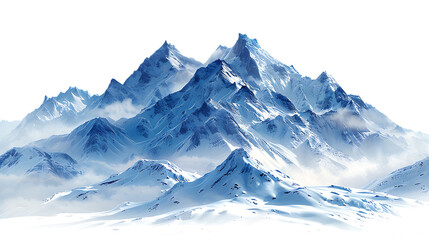Obraz premium Snow-covered mountain peaks in a serene winter landscape, isolated on white and transparent background., isolated on a pure white background.