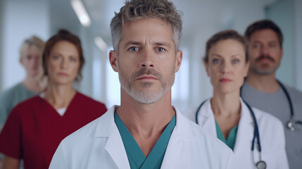 Fototapeta premium Confident diverse medical team with leading physician in professional setting