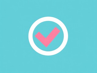 A pink check mark inside a white circle on blue background