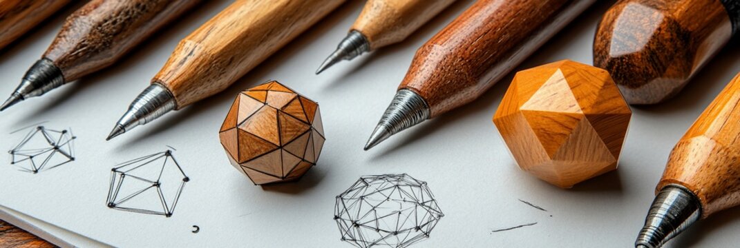 Handcrafted Wooden Pens and Geometric Shapes