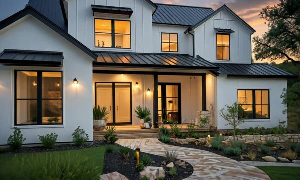 Stunning Modern Farmhouse at Dusk: Architectural Beauty