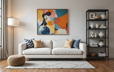 Modern Abstract Art Living Room Decor with White Sofa