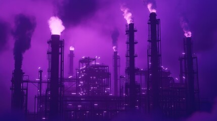 Fototapeta premium A massive oil refinery at dusk with an intense purple sky background