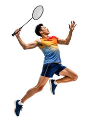 Asian male badminton player doing jumping smash strike mid-air on isolated background