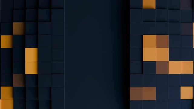 abstract animated black and orange cubes background video, 4k seamless loop, 3d shapes backdrop wallpaper, copy space