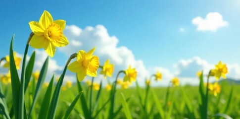 Fototapeta premium Vibrant yellow daffodil flowers sway gently in a lush green meadow under clear blue skies on a sunny day , sunny day, yellow daffodils