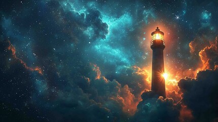 Fototapeta premium Luminous lighthouse amidst vibrant nebula.