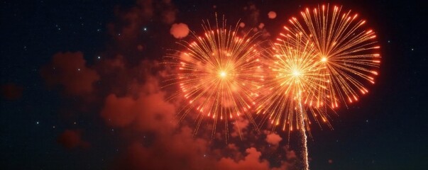 Fototapeta premium Vibrant yellow fireworks illuminate the night sky with a kaleidoscope of colors and flames, vibrant, yellow