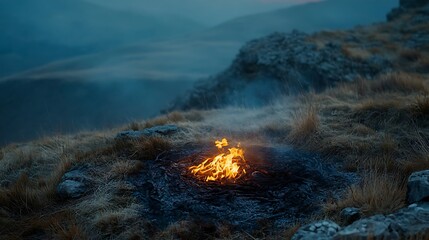 Naklejka premium A small campfire burning brightly on a rocky mountain landscape
