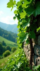 Fototapeta premium Vintage grapevine stretching over a stone wall in a lush green valley , foliage, vineyard