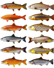 A realistic collection of various salmon fish species, isolated on white background., isolated on a pure white background.