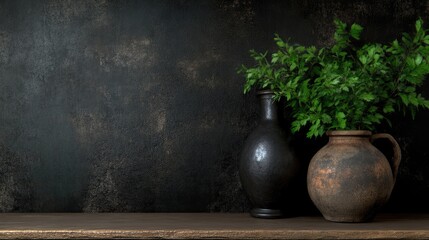 Rustic pottery vases with greenery on a wooden shelf against a dark backdrop.  