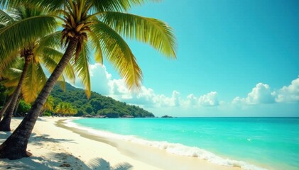 Vintage toned palm trees and beach in the background of turquoise ocean, tropical, serene