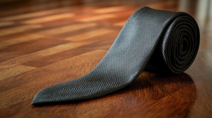A rolled-up charcoal gray tie with a subtle sheen, resting on a polished wooden surface