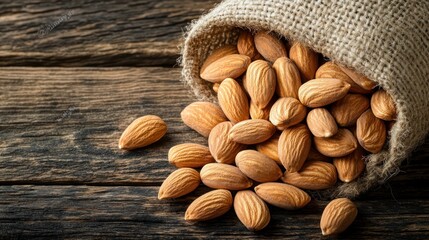 Almonds spilling from burlap sack on wooden table