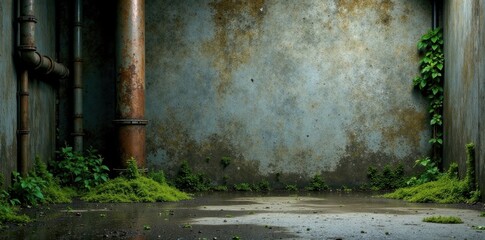Weathered concrete with moss growth and industrial pipes, concrete, weathering