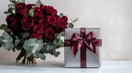 A shimmering silver gift box with a satin ribbon next to a bouquet of deep red roses on a white table