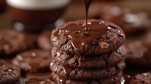 Melted chocolate poured over stack of chocolate chip cookies