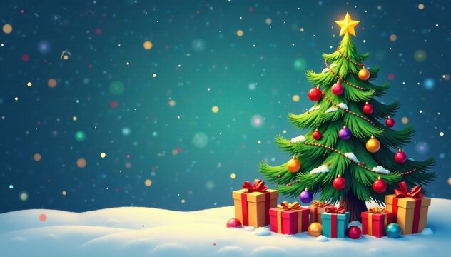 Whimsical cartoon Christmas tree filled with colorful gifts and shiny balls for a lively atmosphere, tree, whimsy