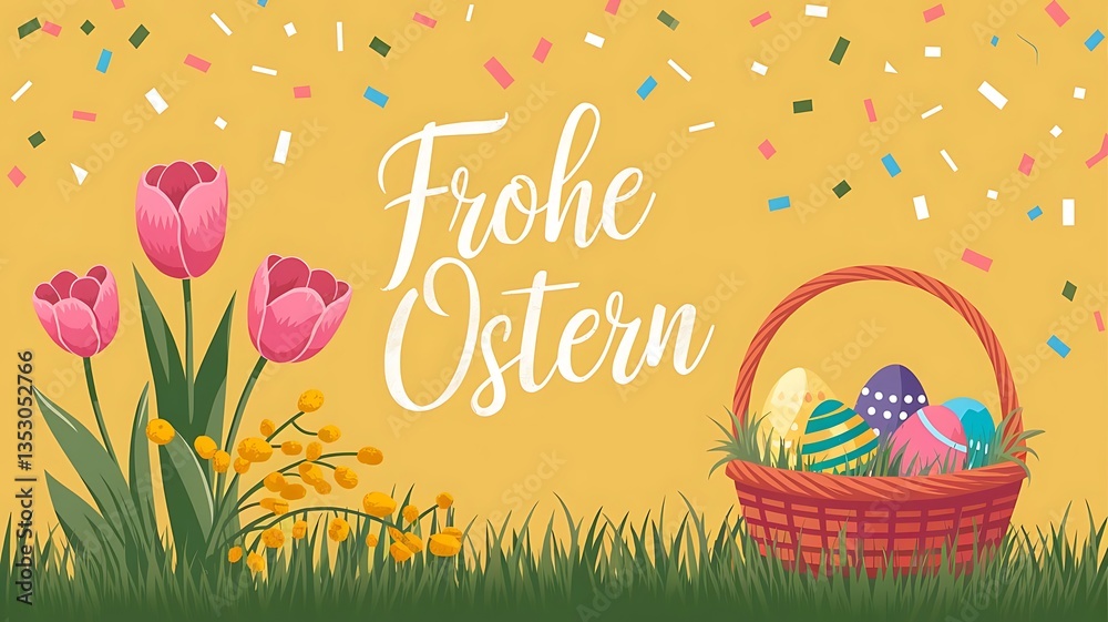 Fototapete illustration with confetti and the german text frohe ostern written with pink tulips and yellow mimo