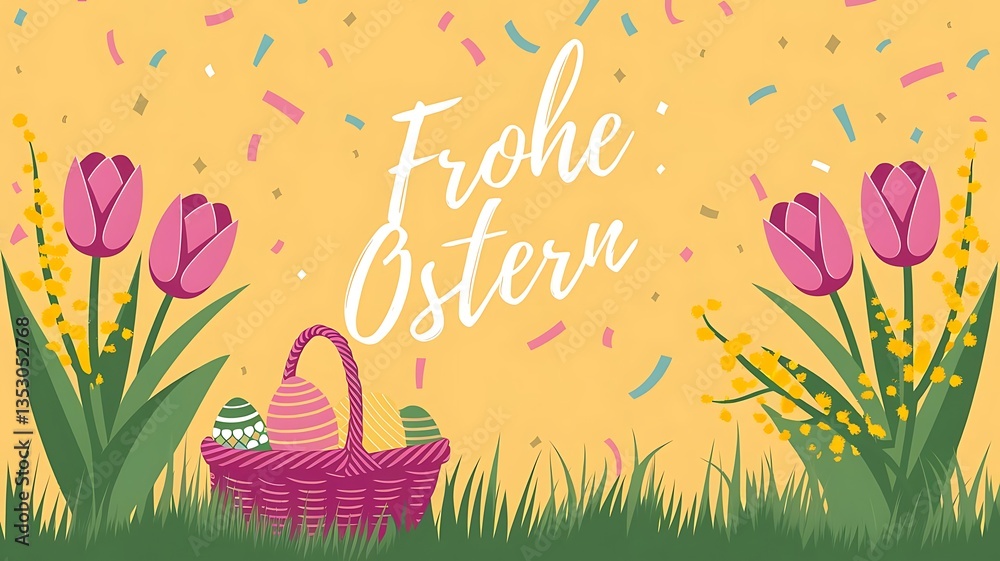 Fototapete illustration with confetti and the german text frohe ostern written with pink tulips and yellow mimo