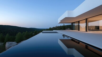Fototapeta premium Modern, minimalist villa with infinity pool overlooking scenic landscape