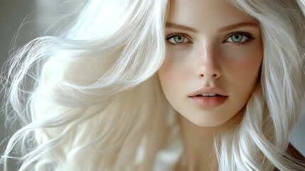 Fototapeta premium Young Caucasian woman with platinum blonde wavy hair and natural makeup looking at camera with serene expression against light background. Soft beauty portrait.