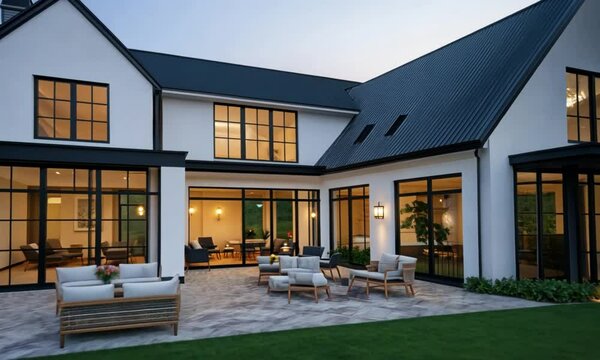 Luxury Modern Farmhouse Exterior: Evening Ambiance