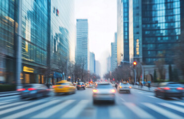 City street with blurred vehicles and tall buildings during daytime with crosswalks and traffic lights