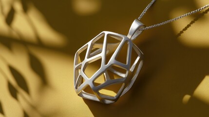 A uniquely crafted geometric silver pendant on a mustard yellow background