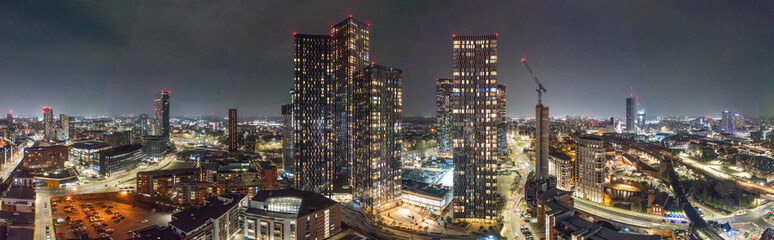 Panoramic View of Manchester City Skyline at Night Featuring Deansgate Square