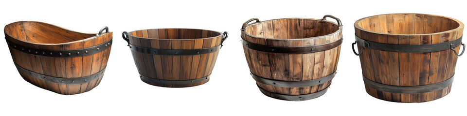 Four wooden buckets in varying shapes and sizes are aligned in a row secured with metal bands and handles.