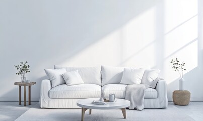 A modern living room featuring white furniture and sunlight