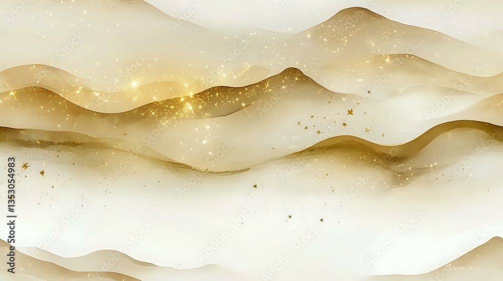 Poster abstract golden waves with sparkling particles flow across cream background creating luxurious fluid