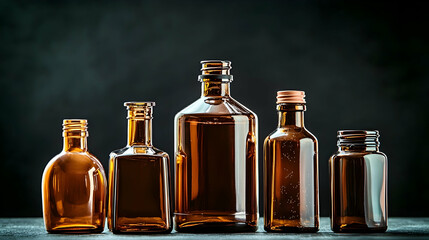 Amber glass bottles on dark background; various shapes and sizes; product photography for packaging design