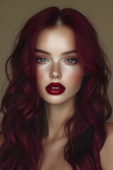 Fototapeta premium Young woman with burgundy wavy hair, bright blue eyes, freckles and dark red lips against neutral background. Professional makeup and hair styling for beauty industry.