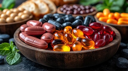 Assorted health supplements in wooden bowls