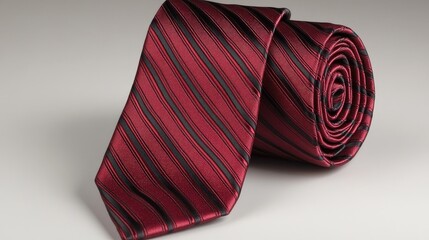Fototapeta premium Classic red striped tie with a glossy finish, elegantly placed on a neutral backdrop