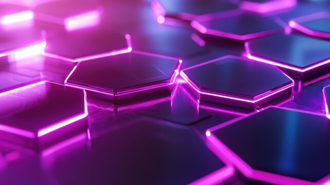 Futuristic 3D Render Hexagon Grid, Neon Purple Glow, Technology Background, Abstract Pattern, Digital Design.