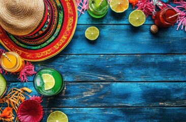 Colorful Mexican Drinks and Hat Flat Lay