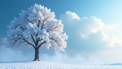 A snow-covered tree stands tall in the frozen landscape, frost, snow, icy
