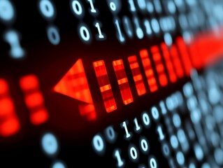 A red arrow pointing left amidst a binary code display