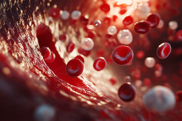 Dynamic 3D rendering of blood cells moving through a blood vessel.