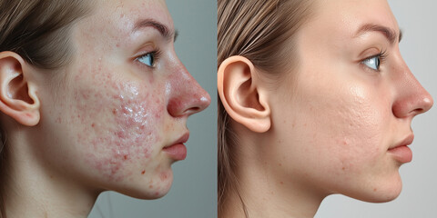 Obraz premium Before and after acne treatment showing skin transformation on young woman. Profile comparison of facial skin condition with visible improvement. Dermatological procedure results.