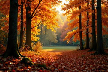 Fototapeta premium Autumnal forest clearing with dense foliage of deciduous trees, forest, deciduous forest , autumn leaves