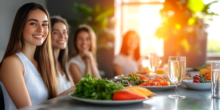 Four women smiling at a table with food and drinks - Powered by Adobe