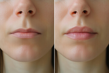 Before and after lip filler injections on young woman. Comparison showing enhanced volume and definition. Subtle cosmetic procedure results for fuller lips.