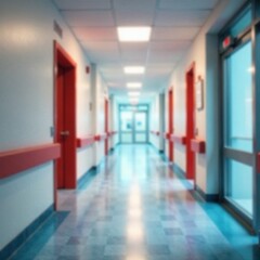 Obraz premium Blur effect on corridor walls and floor of a hospital or clinic with large windows, natural light, clinical setting